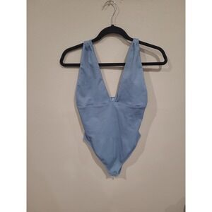 OQQ Slate Blue Ribbed Halter Bodysuit Women SZ L layer piece festival vacation